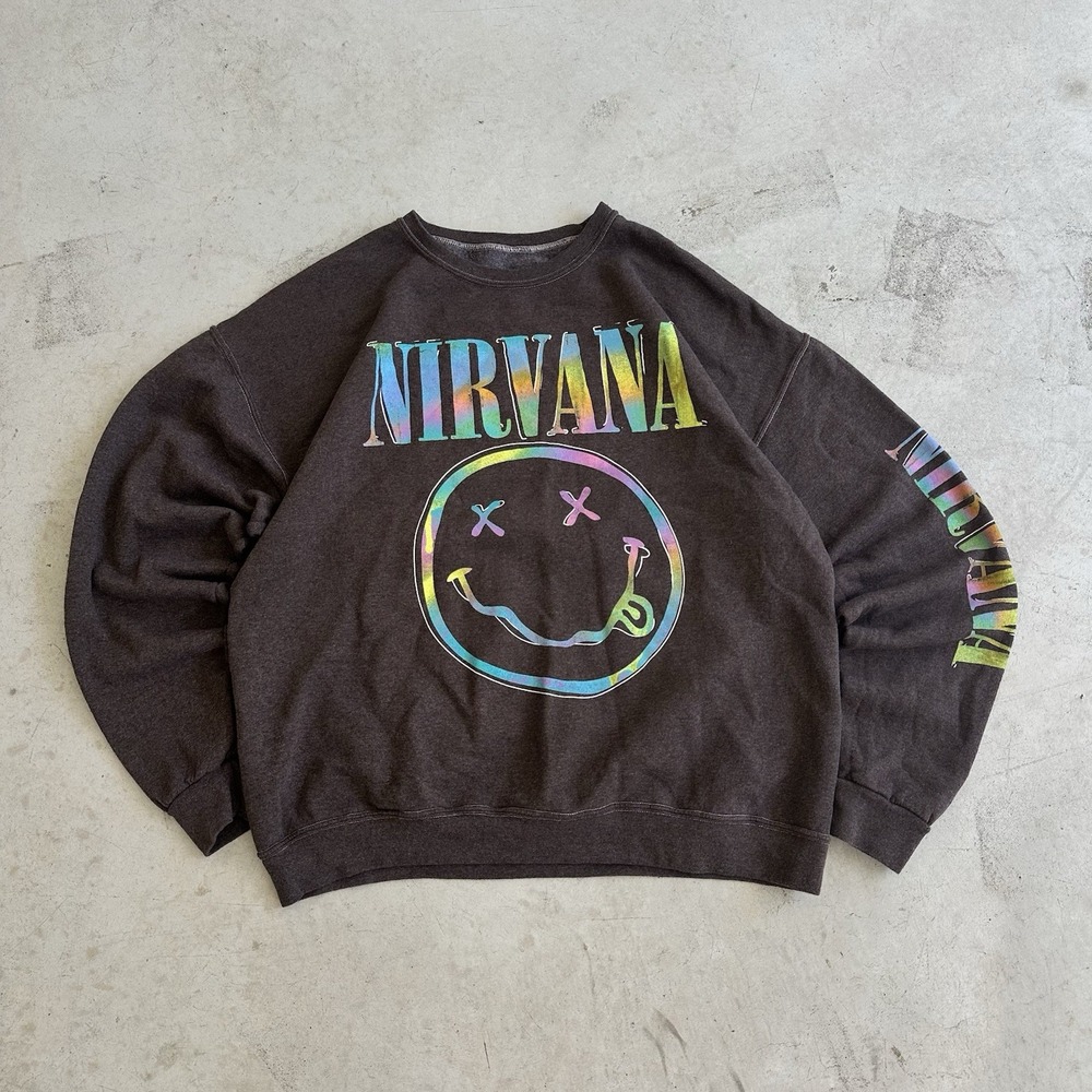 Nirvana Smiley Face Graphic Fleece Pullover Sweatshirt Brown Multicolor Sz L